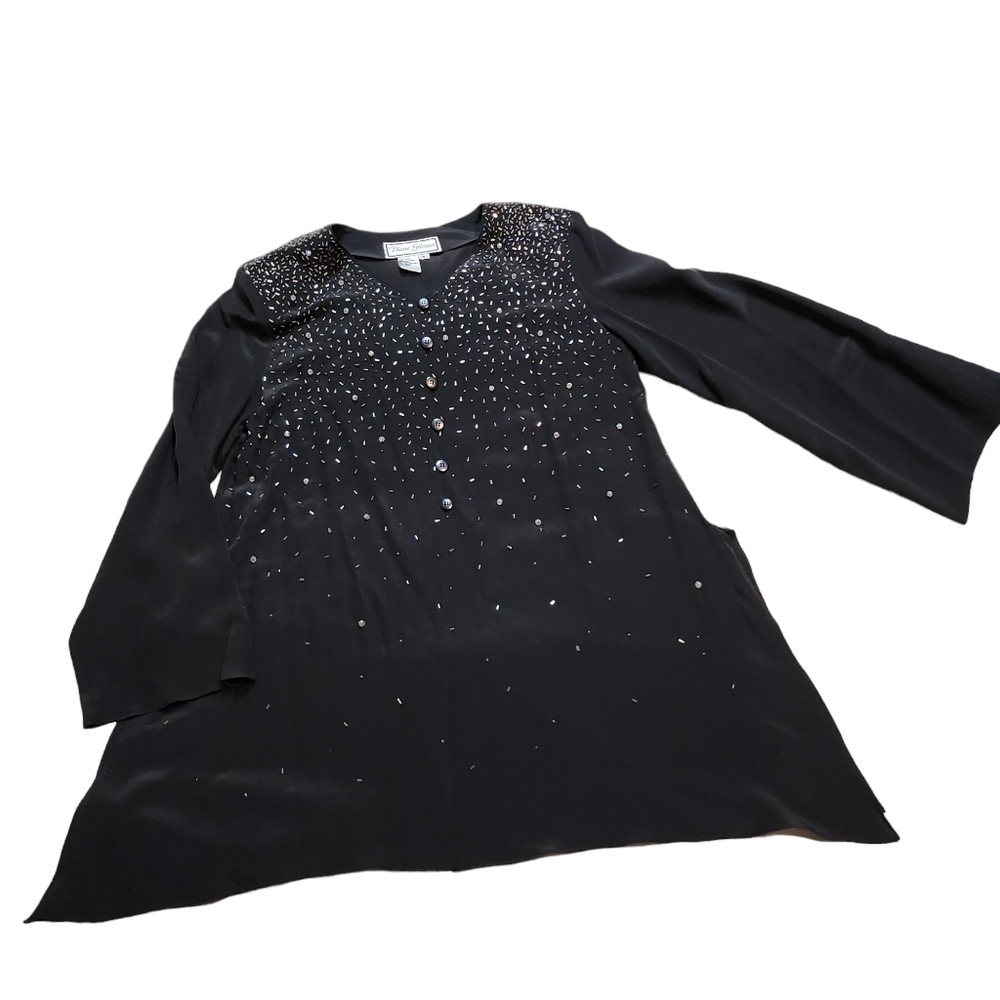 NWT Diane Gilman Women's 100%Silk Black w/accents Blouse Size Small